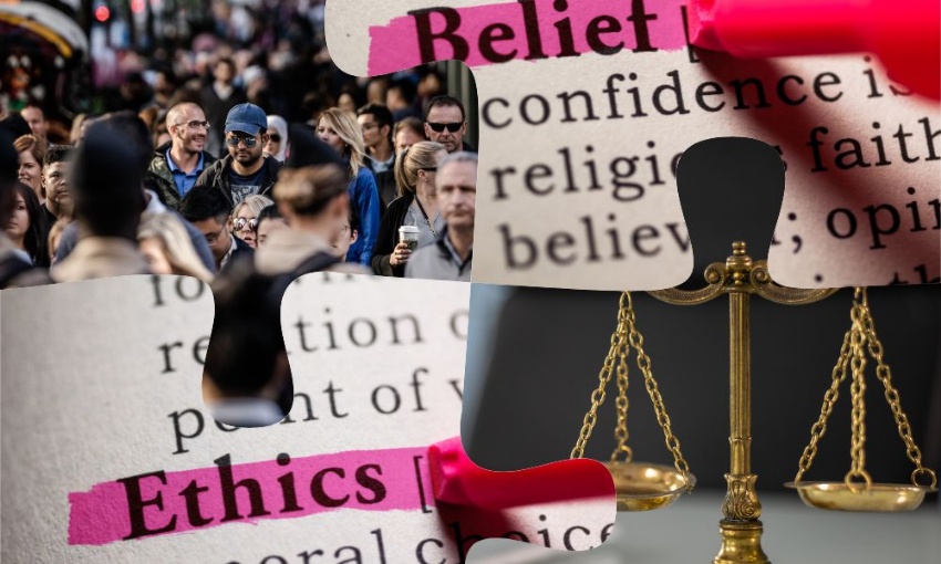 Image contains 4 pictures - 1. a crowd of people 2. part of a dictionary definition of Ethics 3. part of a definition of belief 4. gold scales